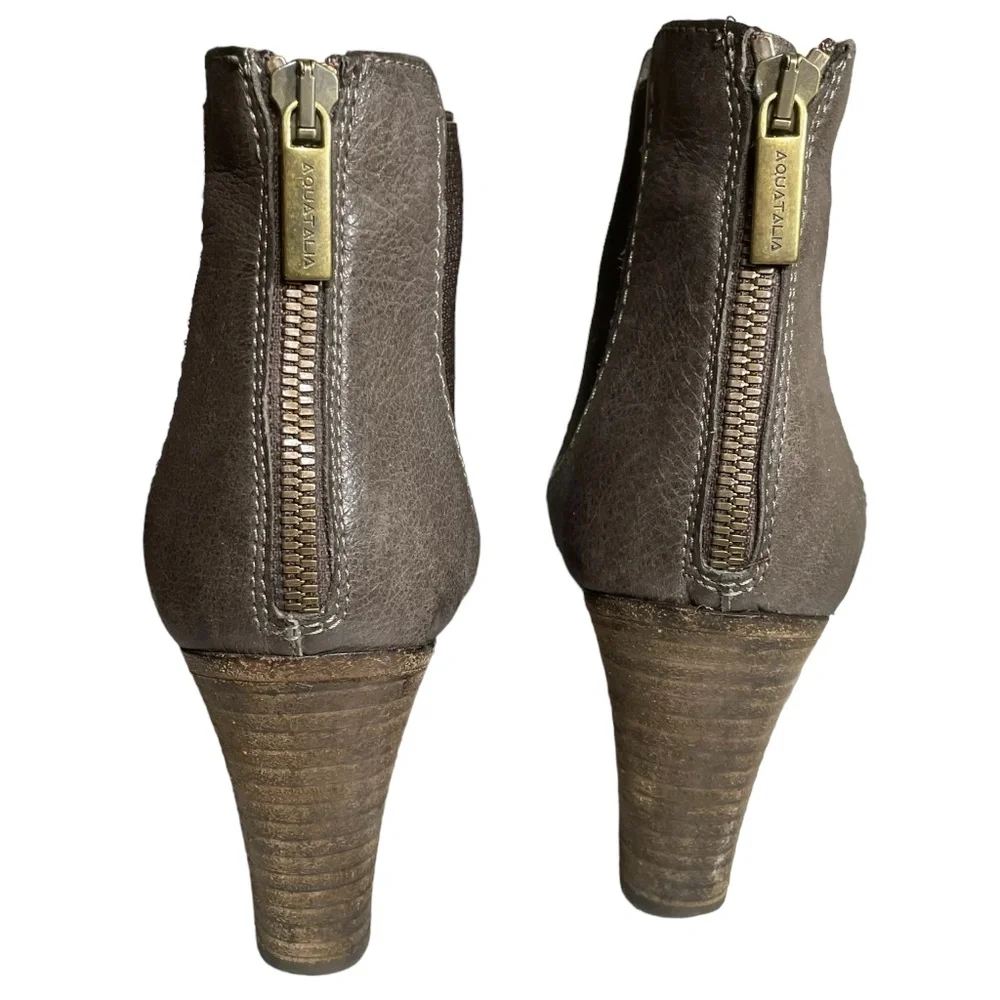 Aquatalia Leather Ankle Boots 5 Chelsea Booties Stacked Heel Brown Taupe